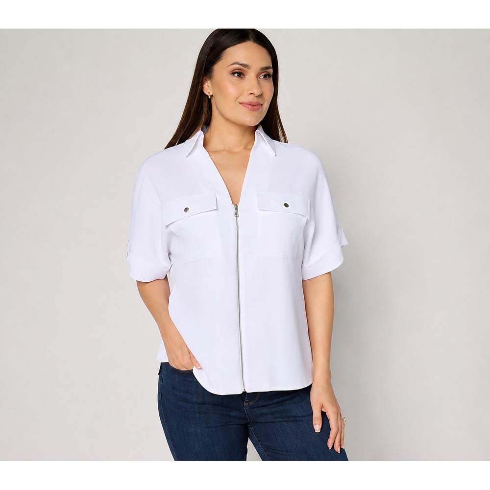 Susan Graver Textured Woven Zip-Front Utility Jacket white, Large